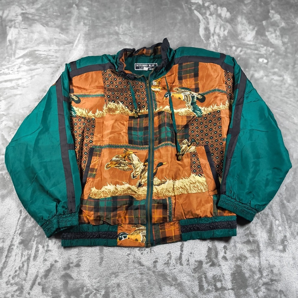 Vintage Studio Ray Jacket Womens Medium Petite Green Ducks Windbreaker 90s Silk